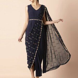 Indya Navy Foil Pallu Belted Pre-stitched Saree w/ attached blouse